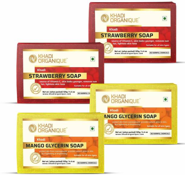 khadi ORGANIQUE NATURAL SOAP OF COMBO 2 MANGO GLYCERIN SOAP AND 2 STRAWBERRY SOAP (PACK OF 4) 4 X 125 GM