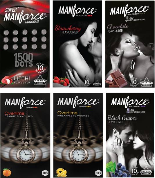 MANFORCE Multi-Variant Flavoured Condoms (3in1 Strawberry, 3in1 Chocolate, 3in1 Black Grapes, Extra Dotted Litchi, 3in1 Overtime Orange, 3in1 Overtime Pineapple) - 60 Pieces, (Pack of 6) Condom