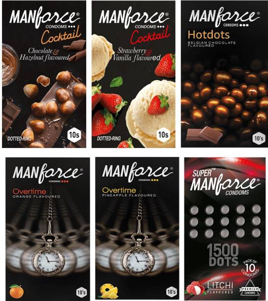 MANFORCE Classic Combo Pack (3in1 Overtime orange, 3in1 Overtime pineapple, Extra Dotted Litchi, Belgium Chocolate with Bigger Dots, Cocktail Strawberry+ Vanilla with Dotted Rings and Cocktail Chocolate+ Hazelnut with Dotted Rings) - 60 Pieces, (Pack of 6) Condom