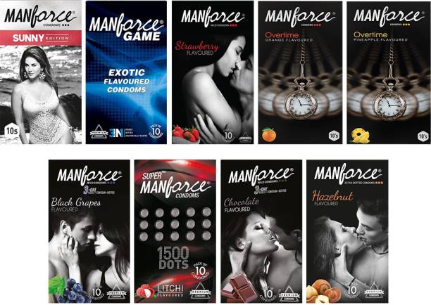 MANFORCE Jumbo Combo Pack (Exotic Game, Ribbed & Dotted Sunny, 3in1 Black Grape, 3in1 Strawberry, 3in1 Overtime Orange, 3in1 Chocolate, 3in1 Overtime Pineapple, Extra Dotted Litchi & Extra Dotted Hazelnut) - 90 Pieces, (Pack of 9) Condom