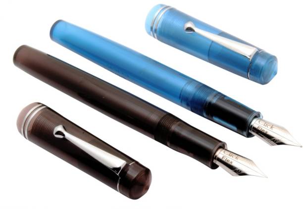 Ledos Ledos Full Demonstrator Click Aristocrat Amber &amp; Sky Blue Fountain Pens 3in1 Ink Filling System FLEX Nib New Pen Gift Set