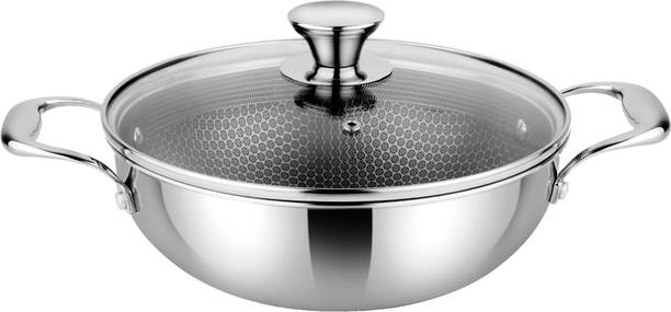 PRABHA by Prabha Prabha Triply Non Stick Stainless Steel Induction Compatible Kadhai Capacity 2.4L Diameter 24cm, Triply Non-Stick Kadhai India's 1st Stainless Steel Non Stick Kadhai Kadhai 24 cm diameter with Lid 2.4 L capacity