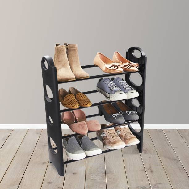 TNT The Next Trend Multipurpose Foldable Cabinet Organiser 4 Shelves, Black Metal Shoe Stand