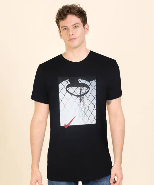 Photo Basketball Men Printed Round Neck Cotton Blend Black T-Shirt