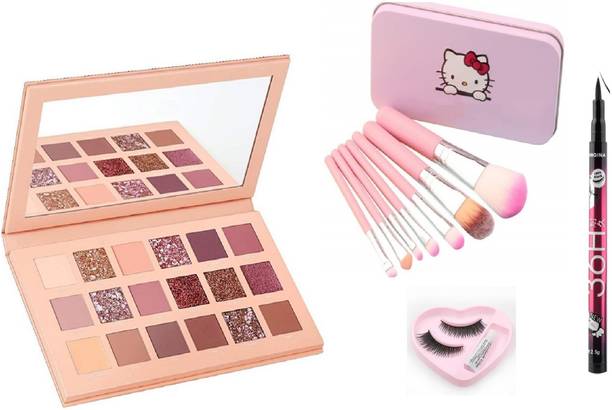 Insta Beauty Glam ColorIcon Nude EyeShadow Palette+Brushes+EyeLashes&Glue+Black Eye Liner 18 g