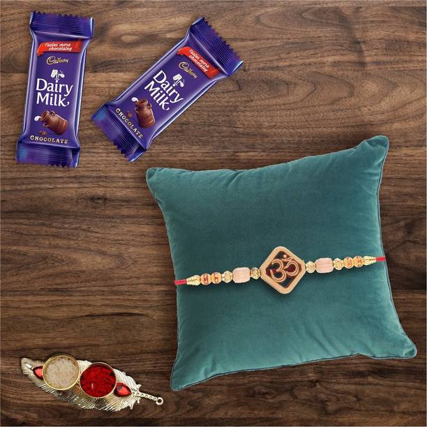 Cadbury Designer Om Rakhi with 2 Pieces Dairy Milk Chocolates | Rakhi Chocolate Gift for Brother|Roli, Chawal, Chandan, Misri Combo