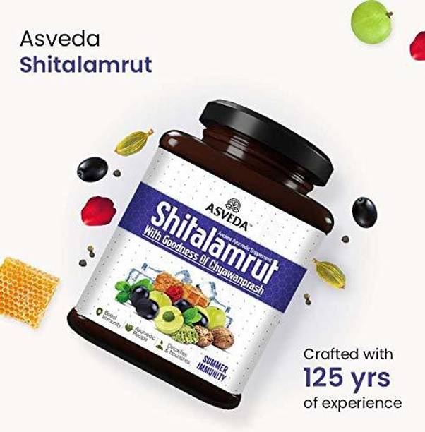 Asveda Shitalamrut Chyawanprash - Summer Immunity Booster - 100% Raw Mishri (Khadi Sakar) Grapes, Amla, Rose Petal & Fennel - Chawanprash in Glass Jar - For all Adults & Kids