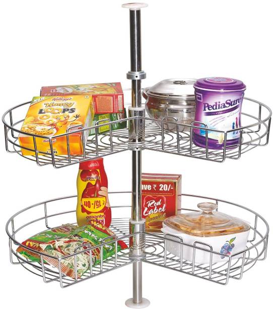SMART SLIDE Utensil Kitchen Rack Steel Stainless Steel 2 Shelf Kitchen Corner Cabinet Organizer/Modular Kitchen Basket / Multifunctional Storage Rack / Adjustable Height Kitchen Carousel Unit (Carousel 28 Inch)