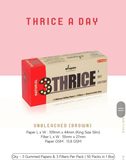 Bongchie 3Thrice A Day Everyday Natural - Pack of 50 3 Gummed Papers and 3 Perforated Filters Per Pack 3 Rips , 3 Tips - Brown Natural King Size 12 gsm Paper Roll