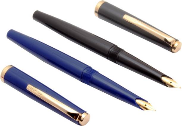 Ledos Fellowship 505 F C Blue &amp; Black Eyedropper Fountain Pens Medium Nib Golden Trims Pen Gift Set