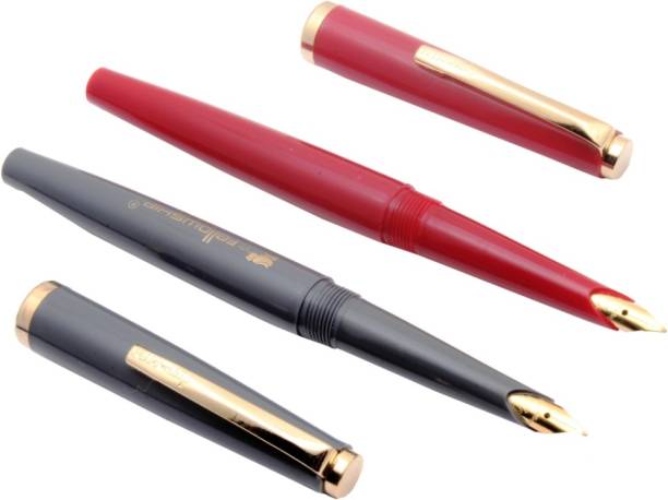 Ledos Set Of 2 - Fellowship 505 FC Red &amp; Grey Eyedropper Fountain Pens Medium Nib Golden Trims Pen Gift Set