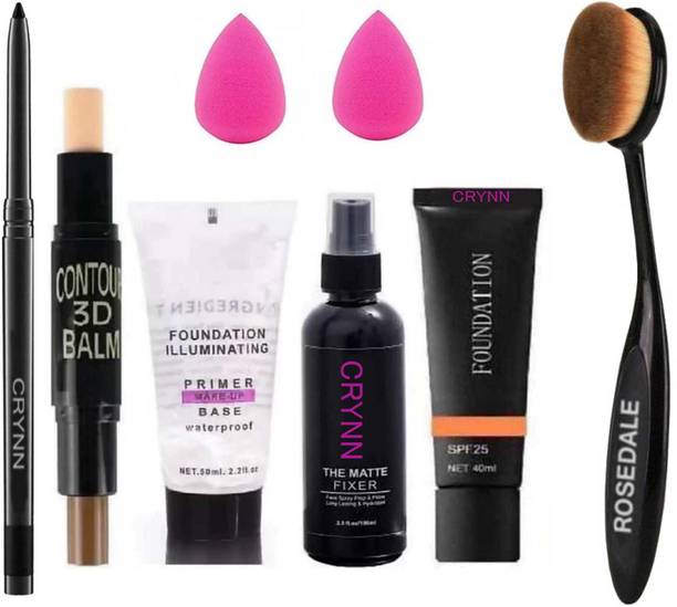 Crynn Smudge Proof Rosedale Kajal & Studio Pro Ultra Professional Beauty Blender Sponge Puff , Primer , Fixer , Foundation & Kiss Beauty Highlighter & Contour Stick & Ultimate Oval Perfect Makeup Brush