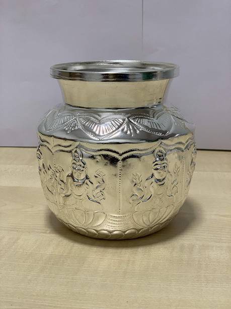 Dalvkot Ashta Lakshmi Design Pooja Chambu Kalash Lota of White Metal for Puja (Big, L x D x H : 12 x 12 x 12 cm) Brass Kalash