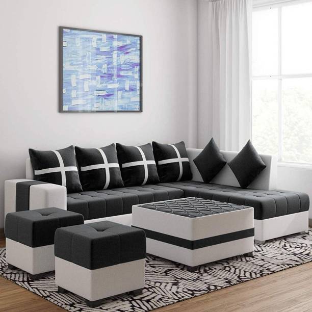 Torque Jamestown L Shape 8 Seater Fabric Sofa Set for Living Room with Center Table and 2 Puffy (Right Side, Black) Fabric 3 + 2 + 1 + 1 Black Sofa Set