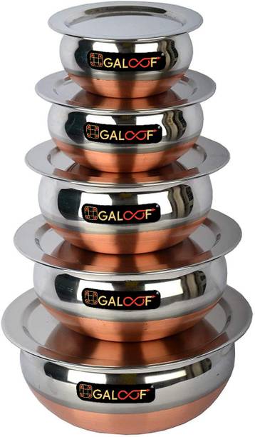 GALOOF New Copper Bottom Handi Pot 5 Piece Set/Steel Handi Set 5 Piece Set with lid handi Cookware Set HandI Handi 0.5 L, 0.8 L, 1.1 L, 1.6 L, 2.1 L with Lid कुकवेयर सेट