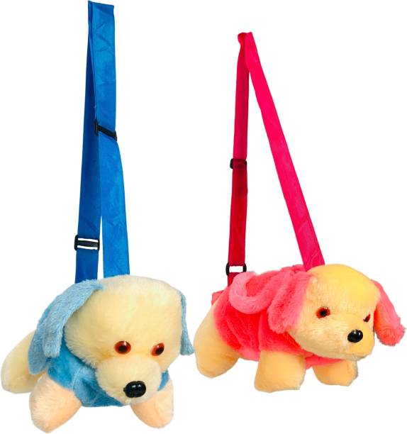 Cult Factory Dog Plush Stylish Furry Cute Soft Toy Cross Body Sling Bag Combo Pack of 2 (Pink &amp; Blue) For Girls, Kids, Women, Children Plush Bag