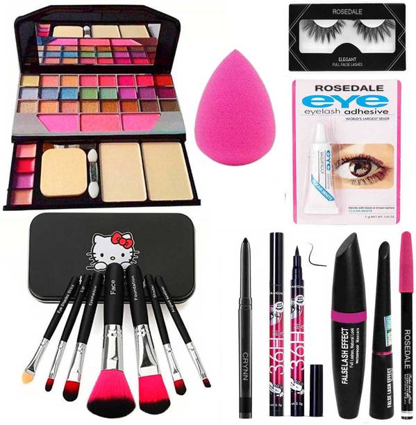 Crynn Smudge Proof Rosedale Kajal & Studio Pro Ultra Beauty Blender Sponge Puff & 3in1 Yanqina 36H Black Eyeliner Mascara Eyebrow Pencil & TYA 6155 Makeup Kit & Set of 7 Glazed Makeup Brush & False Eyelash Pair & Adhesive Glue