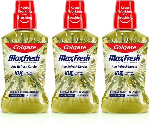 Colgate Maxfresh Plax Antibacterial Mouthwash, 24/7 Fresh Breath (Pack of 3) - Saunf