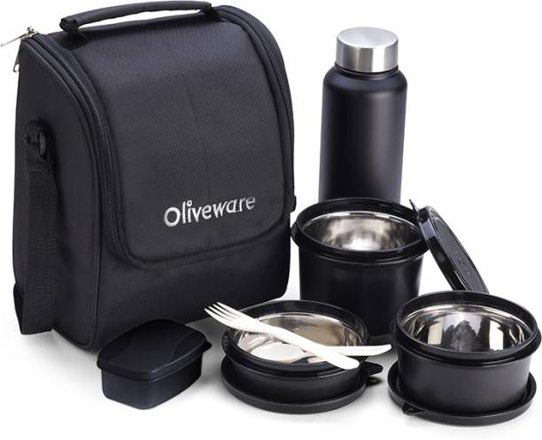 Oliveware Premium Lunch Box with Bottle - Black | 3 Stainless Steel Containers + Pickle Box & Asorted Steel Bottle | School, College & Office | Insulated Fabric Bag | Leak Proof & Microwave Safe | Full Meal & Easy to Carry 3 Containers Lunch Box