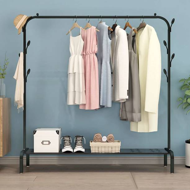 Ada Metal Garment Rack with Top Rod and Lower Storage Shelf 6 Hooks Heavy Duty Clothes Coat Stand, Shoes Rack, Clothes Rack for Bedroom, Living Room and Entryway Steel Wall Shelf