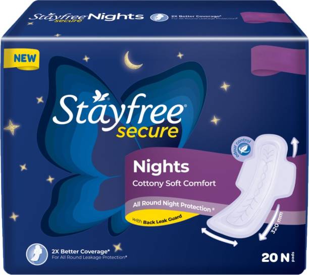 STAYFREE Secure Nights sanitary pads for women, cottony cover with 100% leakage protection, 2x coverage for worry free sleep, 20 pads Sanitary Pad
