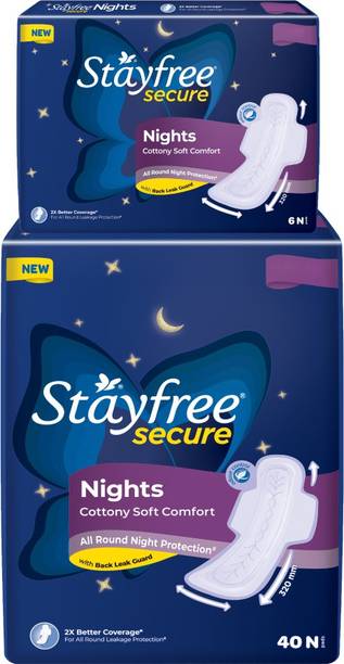 STAYFREE Secure Nights sanitary pads for women, cottony cover with 100% leakage protection, 2x coverage for worry free sleep, 46 pads Sanitary Pad