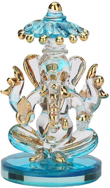 LUNA Crafts Blessing God GANESH GOLD Plated Sitting with Chartra Two Side View Statue (Murti) Idol Showpiece Handmade of Crystal Glass by for Worship / Decoration / Car Dashboard / Gift Decorative Showpiece  -  8 cm