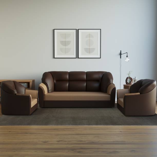 WESTIDO Cyrus Leatherette 3 + 1 + 1 Brown Cream Sofa Set