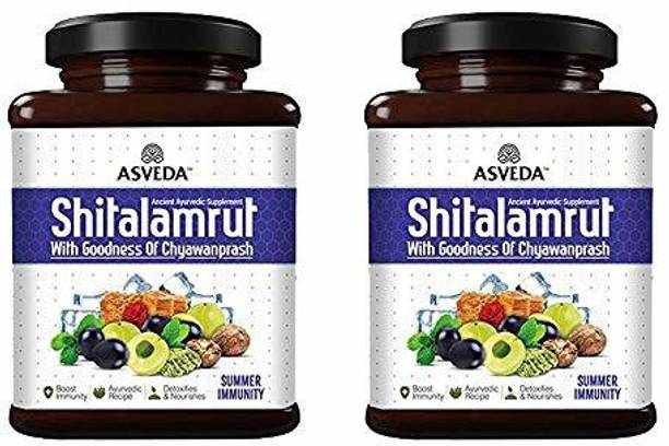 Asveda Shitalamrut Chyawanprash - 1 Kg - Summer Immunity Booster - 100% Raw Mishri (Khadi Sakar) Grapes, Amla, Rose Petal & Fennel - Chawanprash in Glass Jar - For Adults & Kids (Pack of 2, 500 gm Each) …