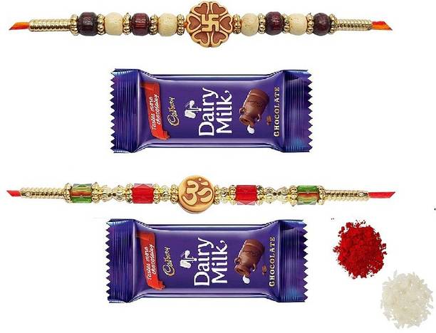 VR Creatives Om Rakhi and Swastika Two 2 Family rakshabandhan Rakhi Combo Set with 2 Chocolate for Brother Assorted Gift Box