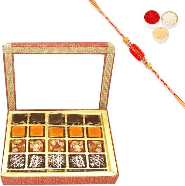 Ghasitaram Gifts Rakhi Gifts Sweets-20 pcs Ghasitaram Special Bites Hamper Box with Beads Rakhi Combo