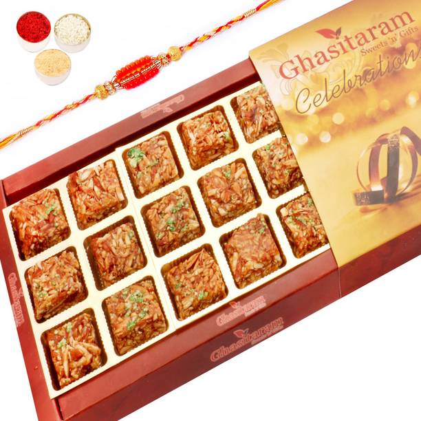 Ghasitaram Gifts Rakhi Gifts Sweets-Roasted Almond Delight 18 pcs with Beads Rakhi Combo