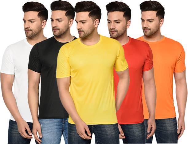 Pack of 5 Round_5_05_XXL Men Solid Round Neck Polyester Multicolor T-Shirt Price in India