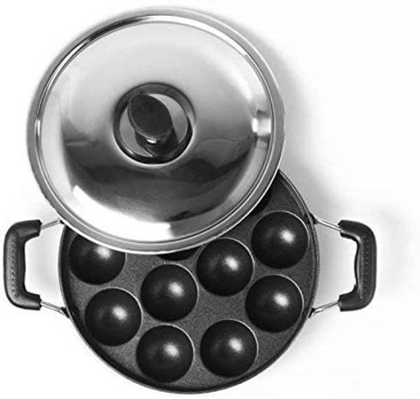 Swarambh Non-Stick 12 Cavity Aluminium Appam Patra / Ponganal Maker Paniarakkal With Stainless Steel Lid & Two Side Handle (Aluminium - Grey – Hammertone – Non-Stick) Paniarakkal with Lid 0.5 L capacity 24 cm diameter