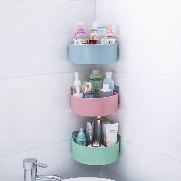 Qrex Pack Of 3 ABS Plastic Multiperurpose Home Kitchen Bathroom Accessories Traceless Self Adhesive Wall Mounted Triangle Corner Self Stick for Shampoo; Conditioner Shower Caddy Rack Shelf with Strong Adhesive Magic Sticker (3 Triangle Corner Soap case holder,MultiColour)