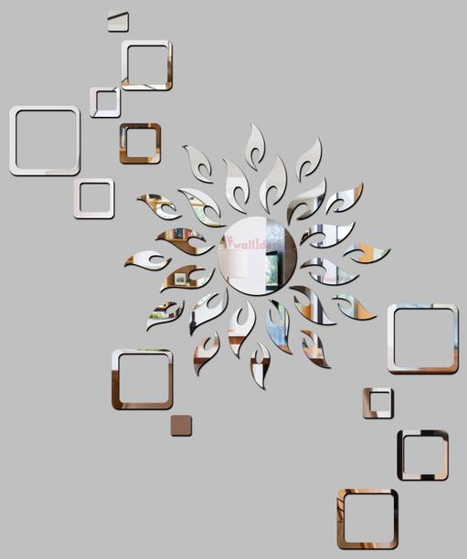 DAKSHITA 70 cm Sun Silver With 12 Square Silver (Sun Size 45 cm x 45 cm) Thickness 1 mm, Acrylic Sticker, Wall Mirror Stickers, Mirror Stickers for Wall. Self Adhesive Sticker