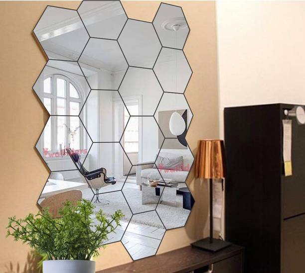 वॉल1डीईआरएस 20 Hexagon With 10 Butterflies Silver (Each Piece Size 10.5 cm x 12.1 cm) 3d Hexagon Mirror Wall Stickers, 3d Mirror Stickers, 3d Mirror Stickers For Wall Large Size, 3d Acrylic Stickers.