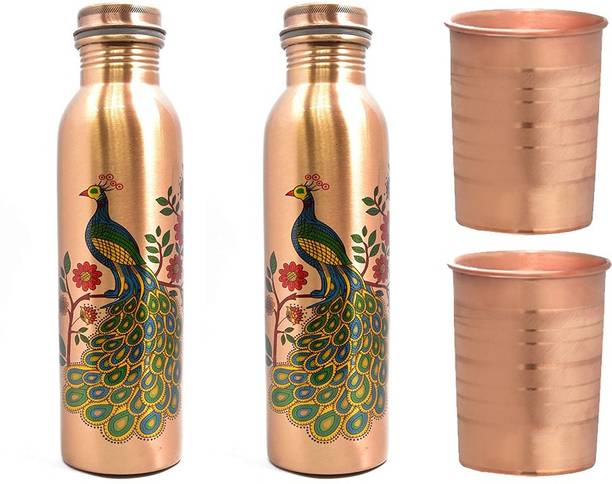 vedanshstore Vedansh 100 % copper peacock design 2 Water Bottle with 2 Glass 1000 ml Copper Bottle With Drinking Glass