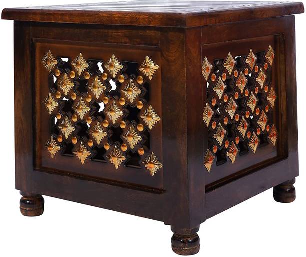 TFS Beautiful Antique Wooden Stool with Brass Cutting Design Storage Stool for Living Room and Bedroom Furniture (Brown,12 X 12 X 12 Inches) Solid Wood Side Table