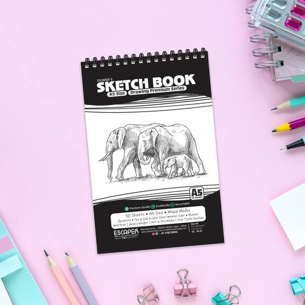 ESCAPER Elephant Theme Sketch Book (A5 Size - 100 Pages) | Sketch Pad