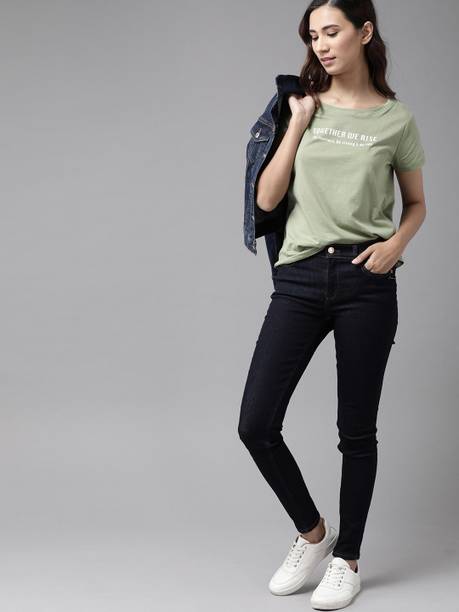 Women Typography Round Neck Pure Cotton Green T-Shirt