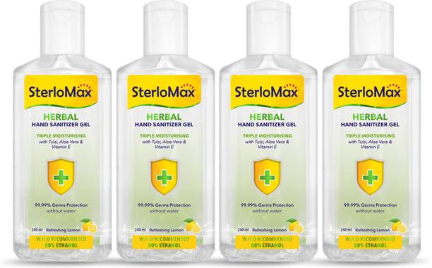 SterloMax Herbal  Gel with Tulsi, Aloe & Vitamin E. 80% Ethanol Alcohol based Sanitizer gel. 240 ml. Pack of 4 Hand Sanitizer Bottle