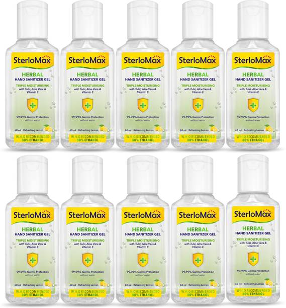 SterloMax Herbal  Gel with Tulsi, Aloe & Vitamin E. 80% Ethanol Alcohol based Sanitizer gel. 60 ml. Pack of 10 Hand Sanitizer Bottle