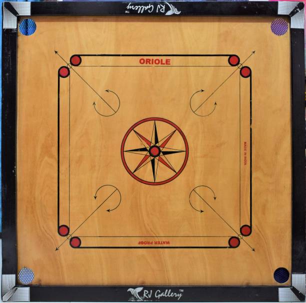 RJ Gallery Large 32 inches wooden with 24 crystal coins, striker and powder 80 cm Carrom Board