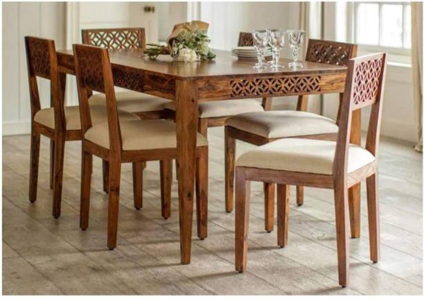 Taskwood Furniture 6 SEATER DINING TABLE WITH Cream CUSHION FOR DINING ROOM Solid Wood 6 Seater Dining Set