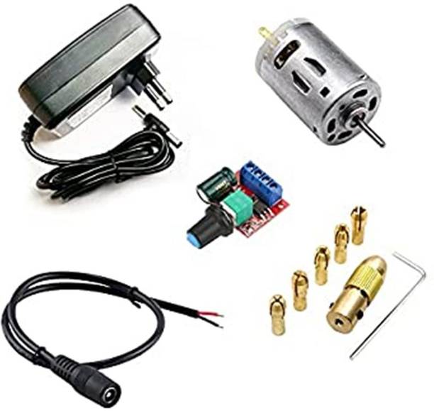 ERHIndia 385 DC Motor 12V Brush DC Motor High Speed Micro DC Motor Brushed with 7 pcs Drill Chuck Set, PWM Speed Controller and 12v Powerful Adapter DIY Kit Educational Electronic Hobby Kit