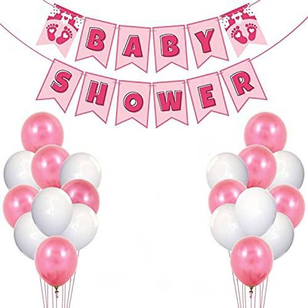 ZYOZI Baby Shower Decorations Props Material Combo 1 Set Baby Shower Banner and 25 Pcs Balloons White & pink for baby girl(SET OF 26)