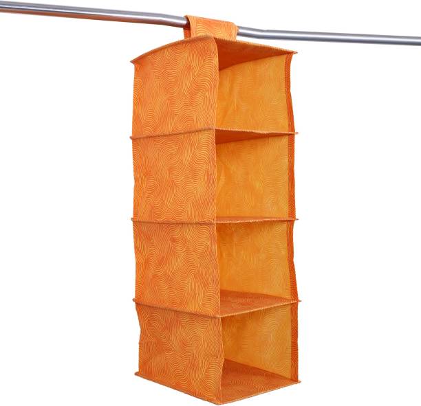 Ganpati Bags Leheriya Design Non Woven Hanging 4 Shelves Foldable Wardrobe/Closet Cloth Organizer Closet Organizer