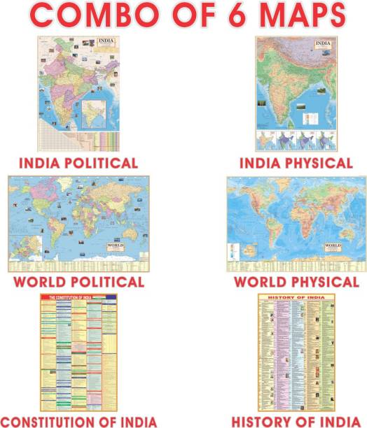 (COMBO OF 6 MAPS/CHARTS) INDIAN Constitution Map & History of India Map With India & World Map (Both Political & Physical)| Set Of 6| Map Size (40 * 28) (23 * 36)|Paper Mint| Best Useful for UPSC, SSC, IES and other Competitive Exams. (All English Maps) Paper Print