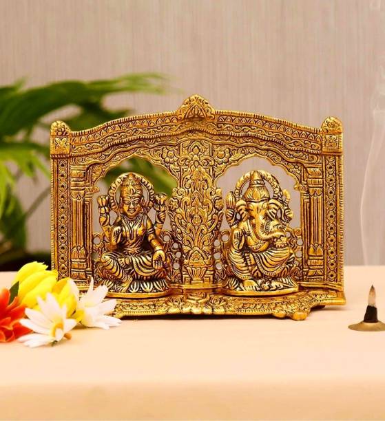 SP Handicrafts Metal Laxmi Ganesh Ji Murti for Home Temple Diwali Pooja | Gold Plated Lakshmi Ganesh Ji Idol | Pure Metal Gold Plated Lakshmi Ganesh Ji Set with Chowki Decorative Showpiece  -  16 cm